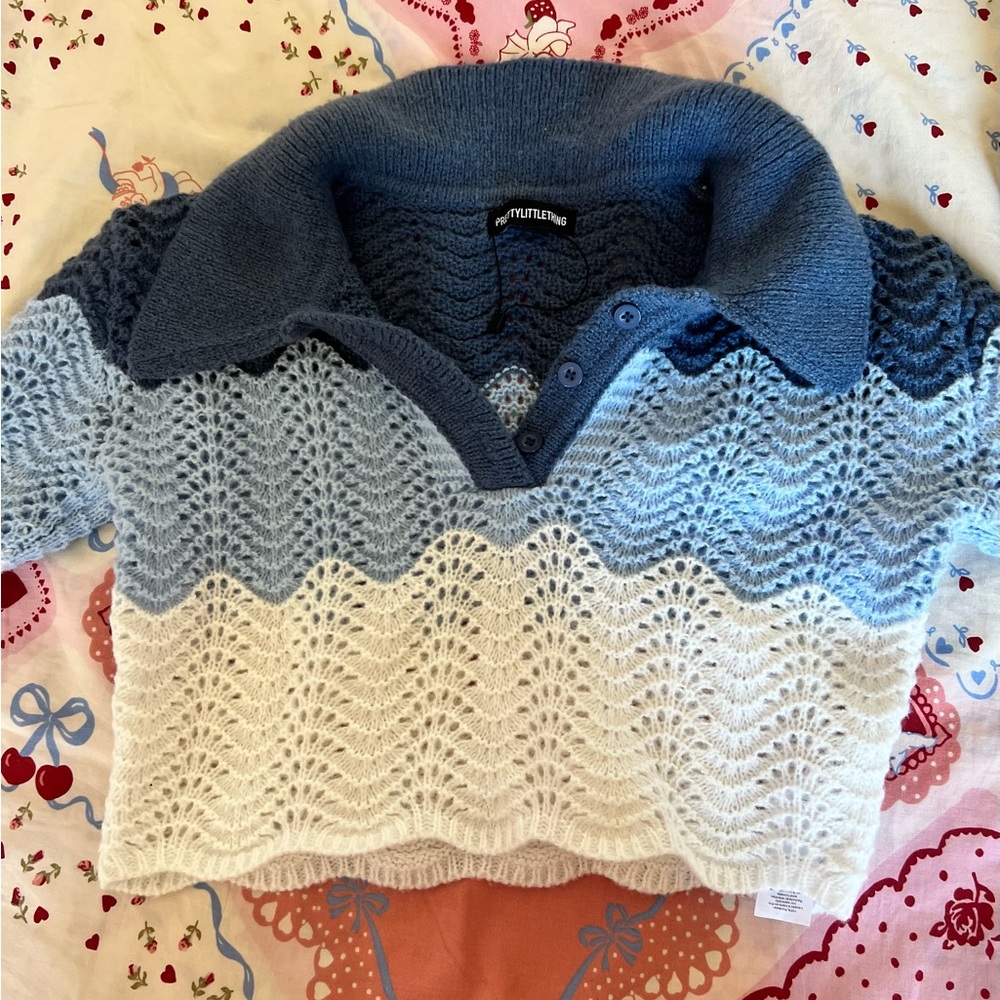 Blue and White Knit Cropped Sweater